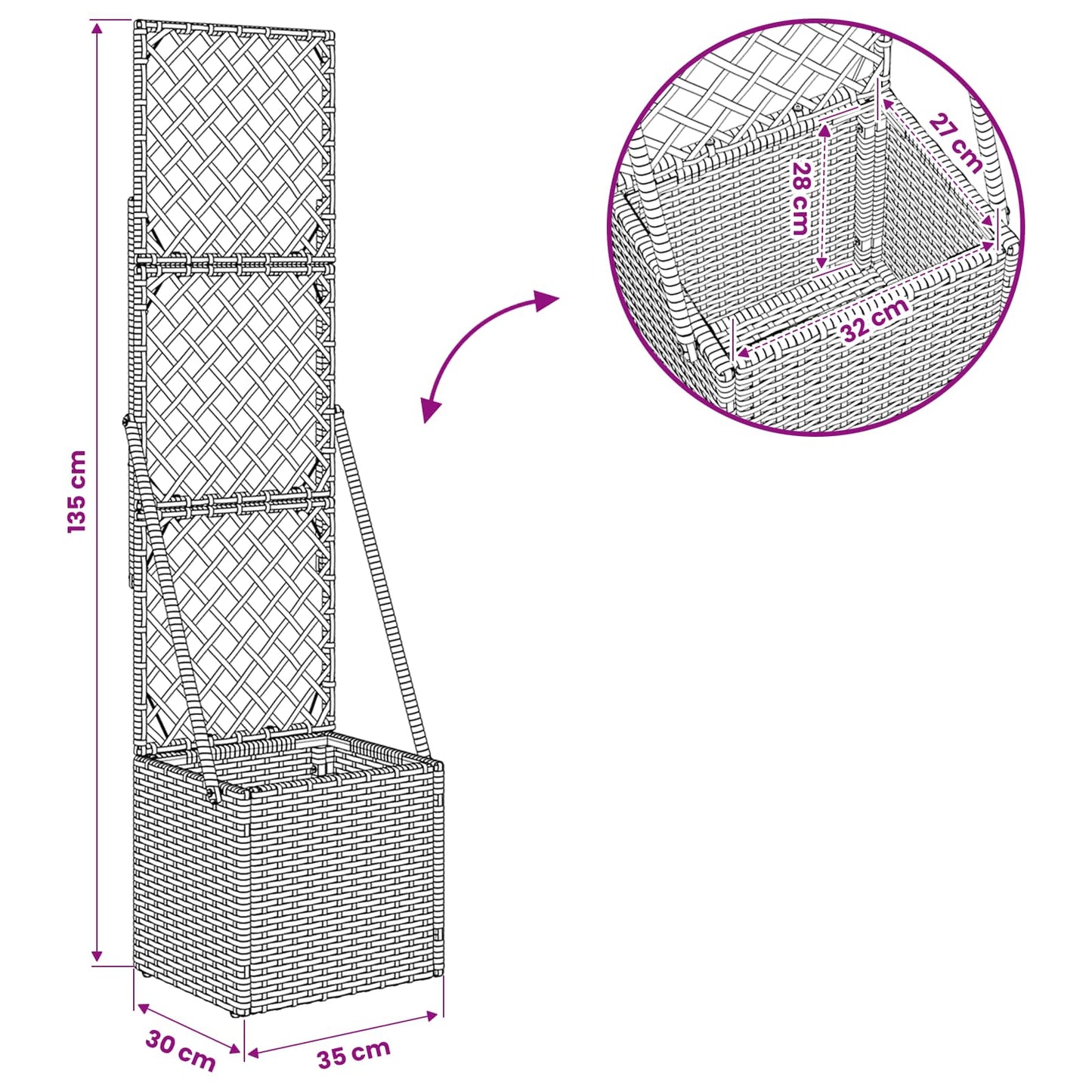 Vaso da Giardino con Trellis Grigio 35 x 30 x 135 cm polyrattan | homemem39
