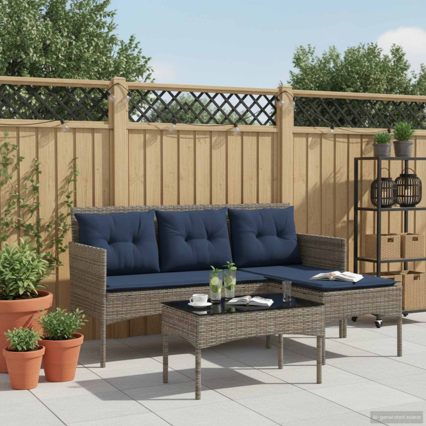 Set Divano da Giardino 2 pcs Grigio e Blu Navy polyrattan | homemem39