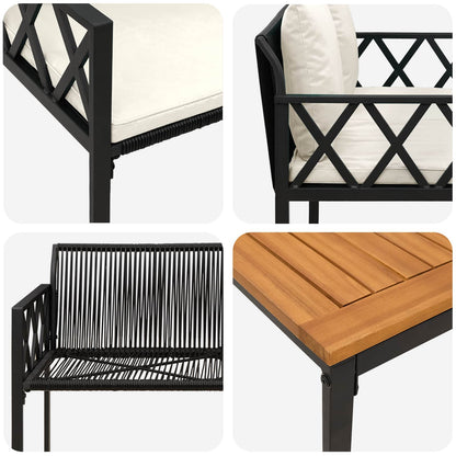 Set Mobili da Esterno 4 pcs Nero e Bianco Crema polyrattan | homemem39