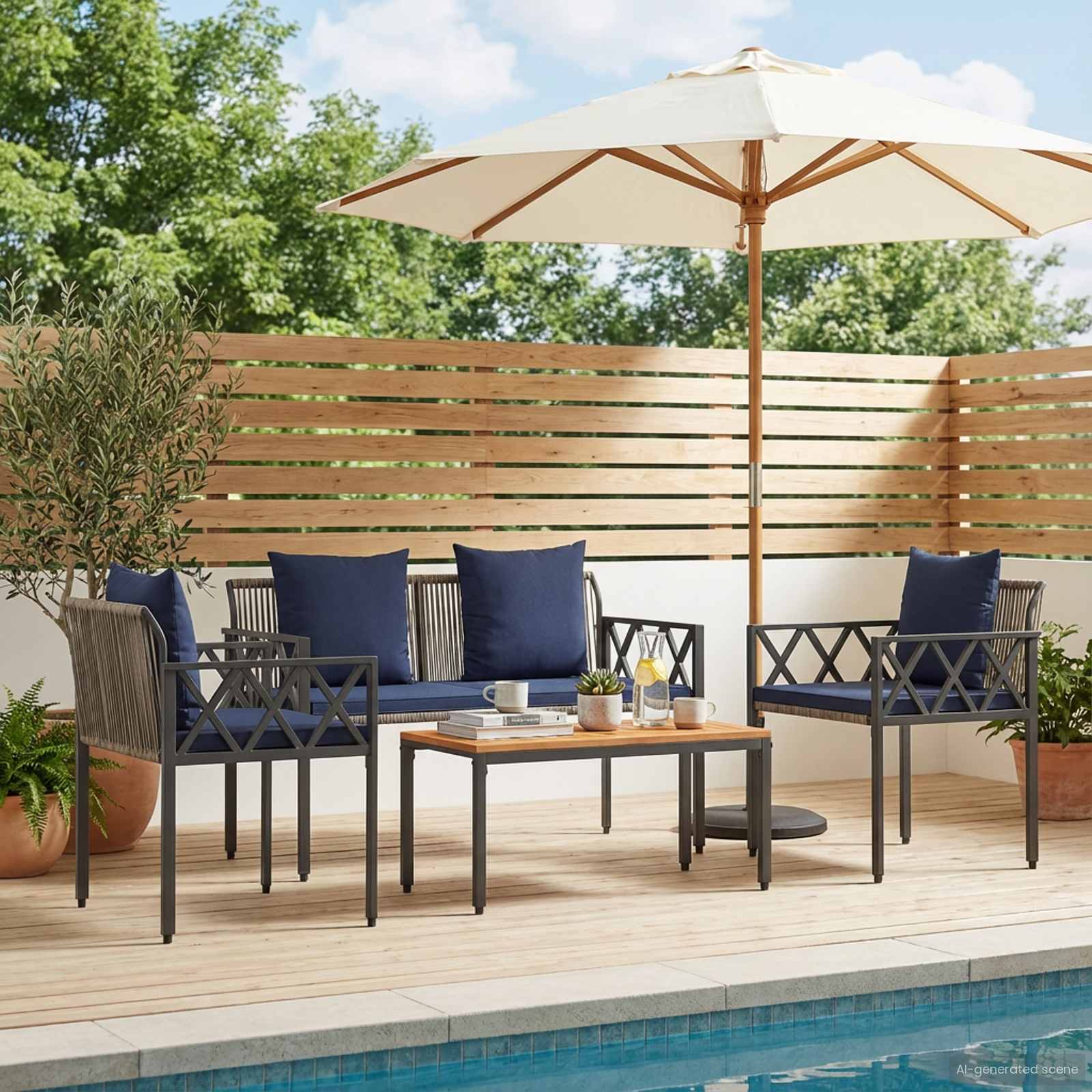 Set Mobili da Esterno 4 pcs Grigio e Blu Navy polyrattan | homemem39