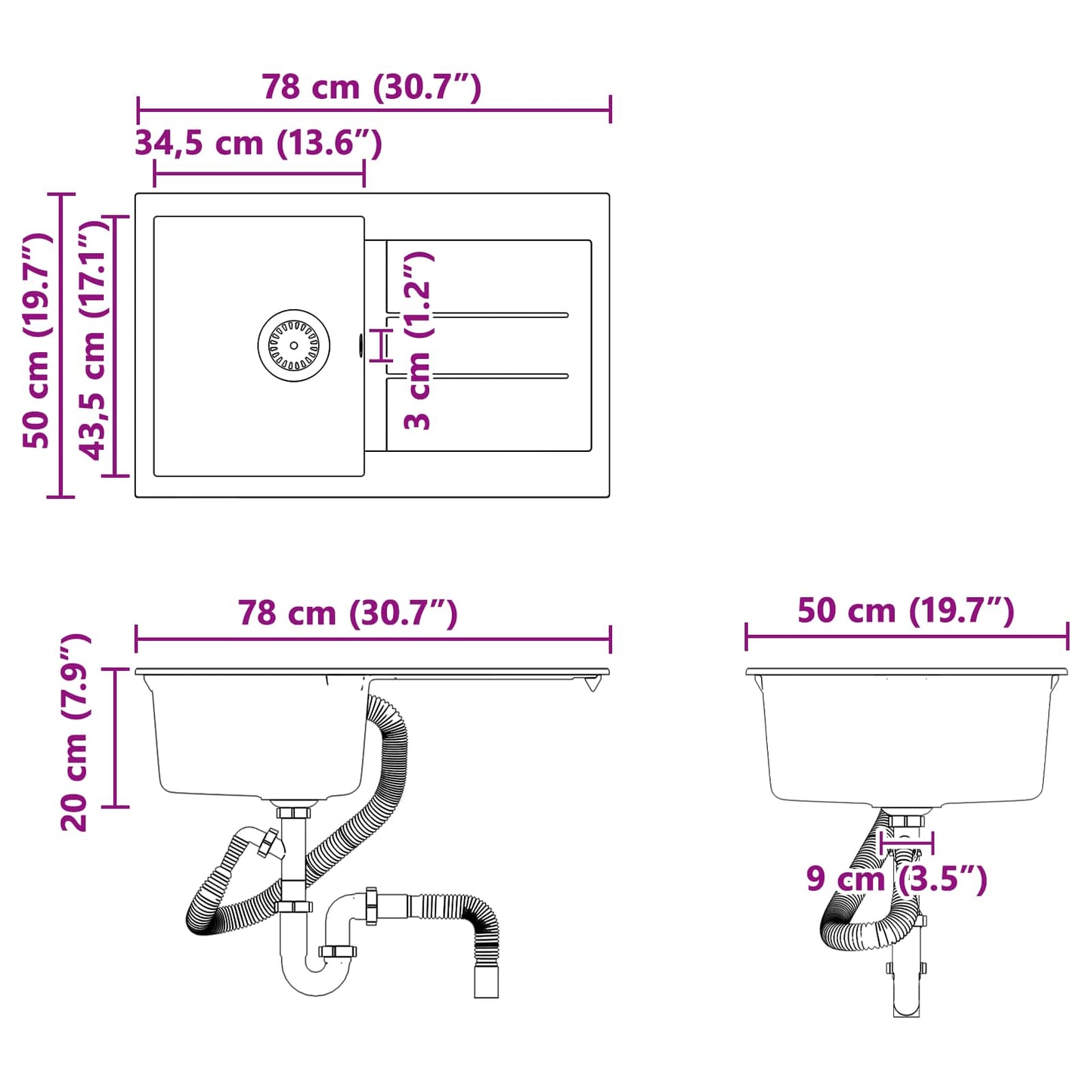 Lavello Nero 780 x 500 mm 80% Quarzo e 20% Resina