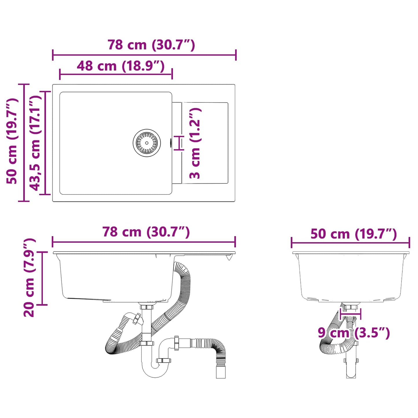 Lavello Bianco 780 x 500 mm 80% Quarzo e 20% Resina