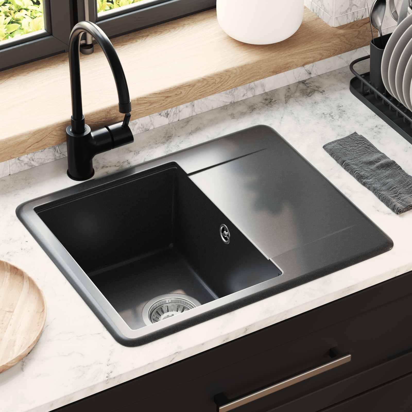 Lavello Nero 560 x 460 mm 80% Quarzo e 20% Resina | homemem39