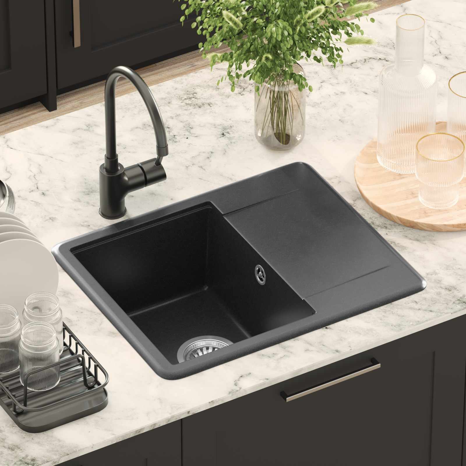Lavello Nero 560 x 460 mm 80% Quarzo e 20% Resina | homemem39