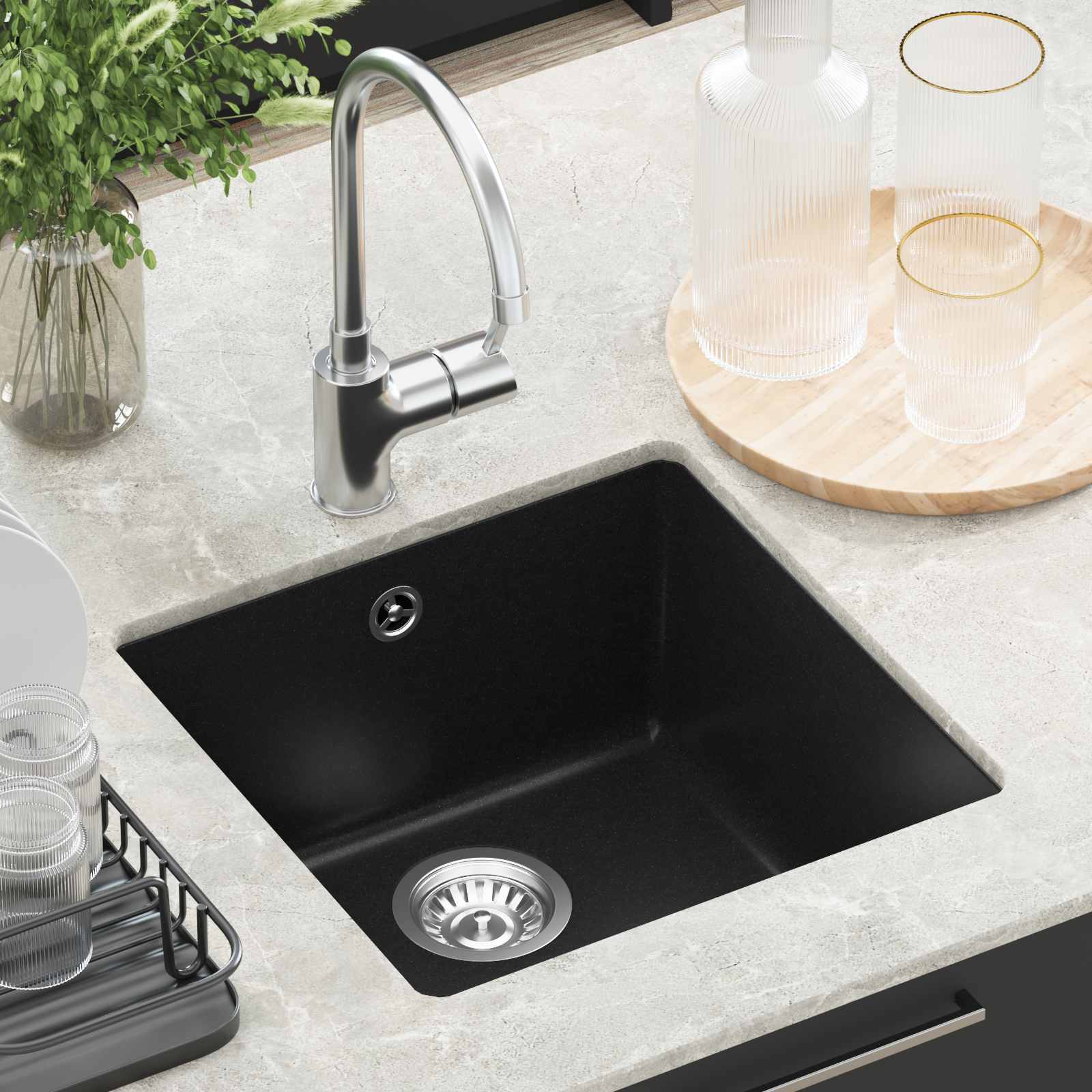 Lavello Nero 430 x 460 mm 80% Quarzo e 20% Resina | homemem39