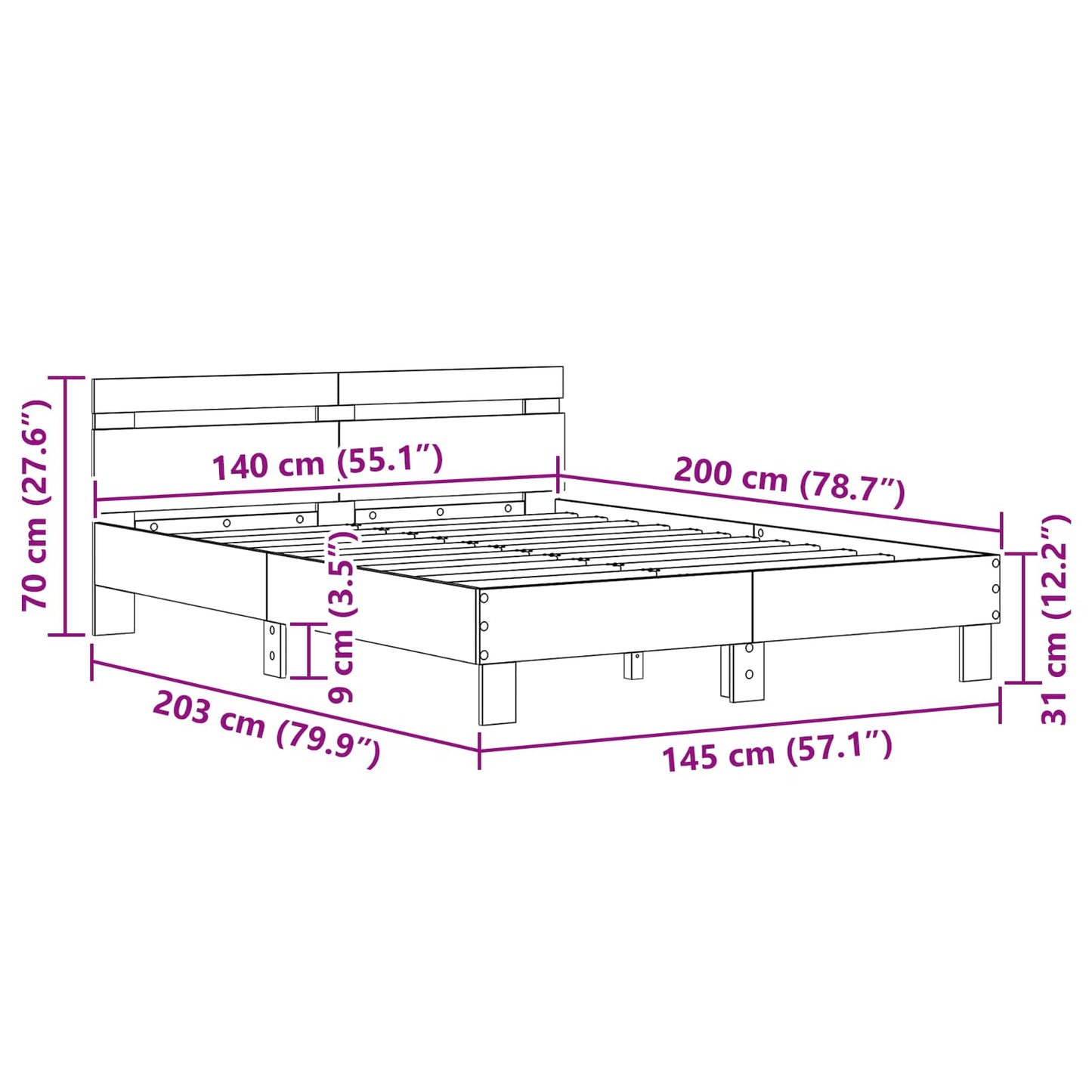 Struttura del letto Rovere Nero 140 x 200 cm Legno multistrato | homemem39