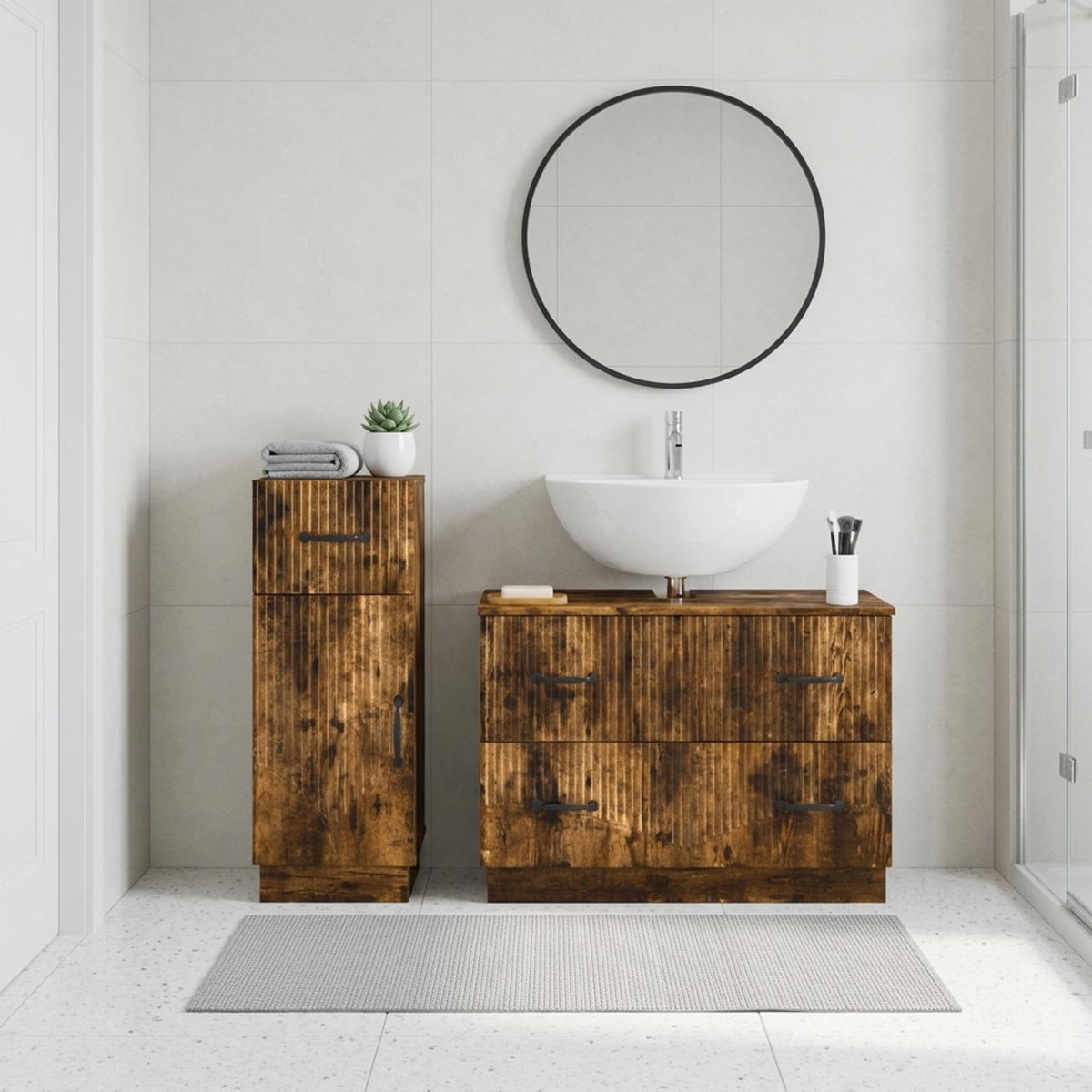 Set di Armadi da Bagno da 2 Pezzi HOORN Rovere Fumo