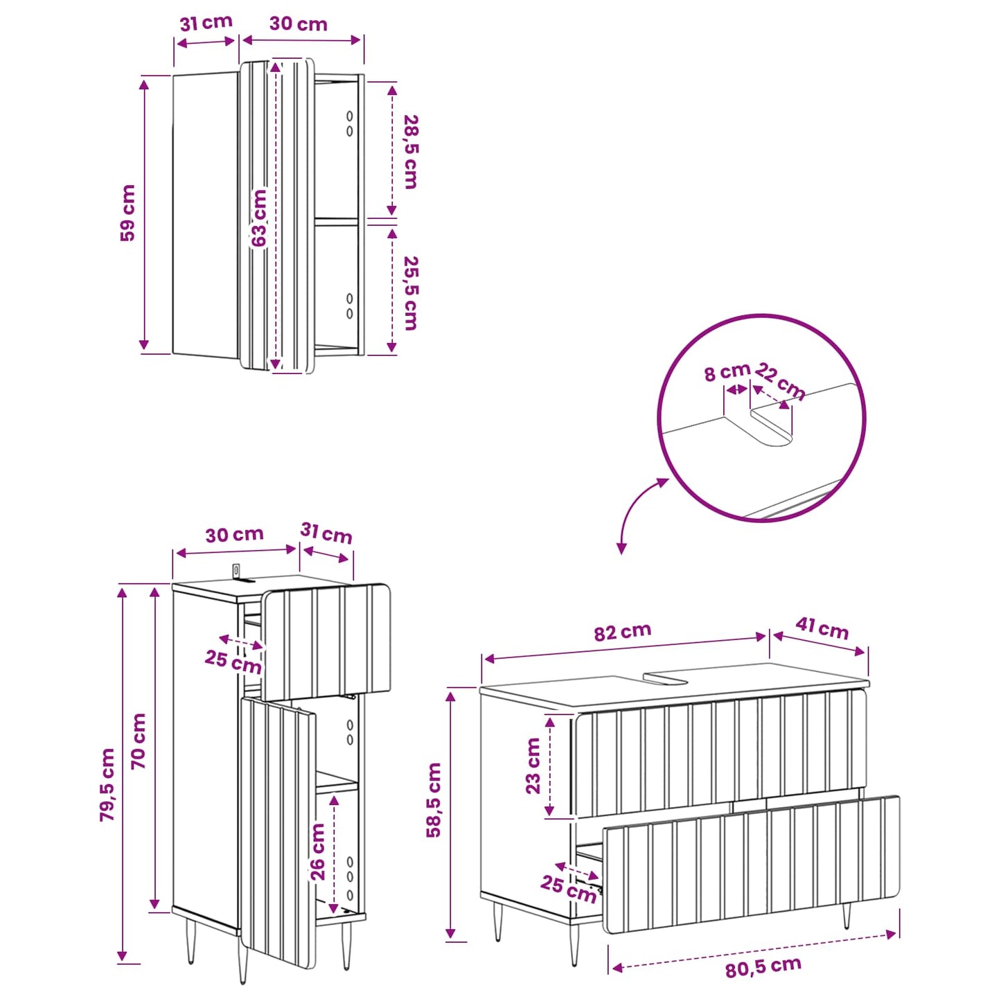 Set di armadietti da bagno in 3 pezzi ZWOLLE Bianco Lucido