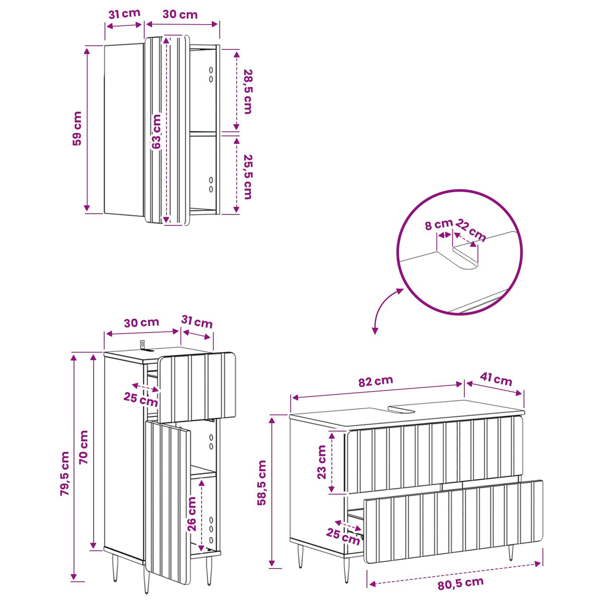 Set di armadietti da bagno in 3 pezzi ZWOLLE Rovere Fumo