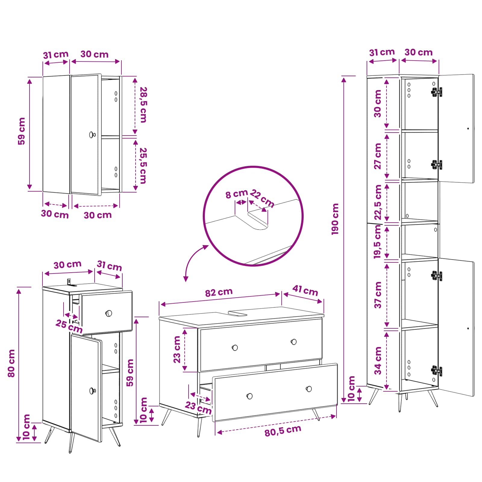Set di Mobili da Bagno da 4 Pezzi BREDA Rovere Sonoma | homemem39