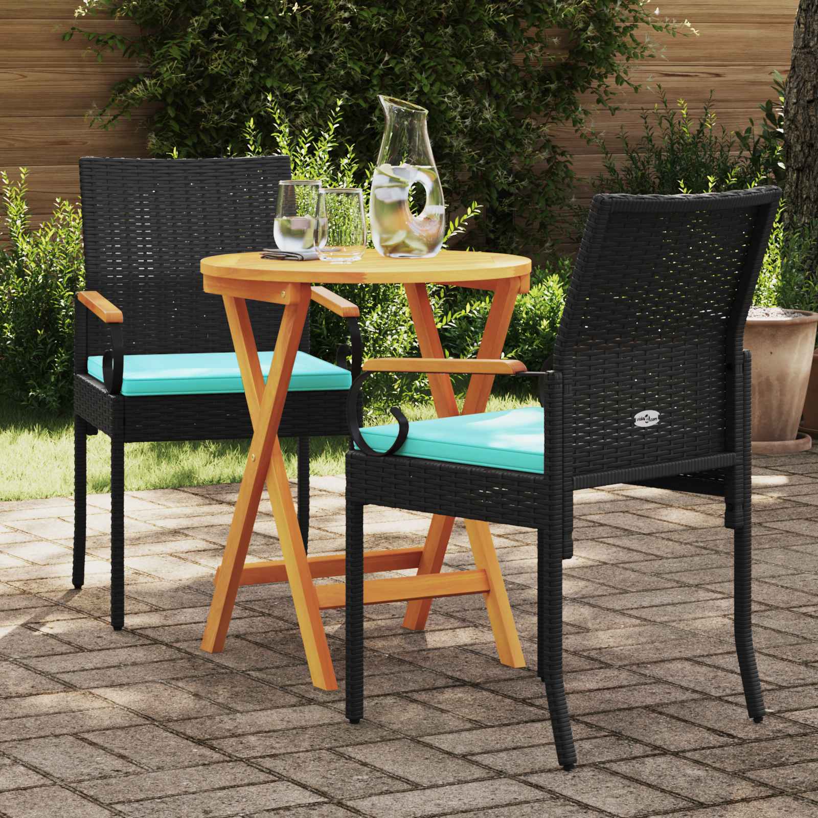Sedie da giardino 2 pcs Nero e Turchese Polyrattan e acacia | homemem39