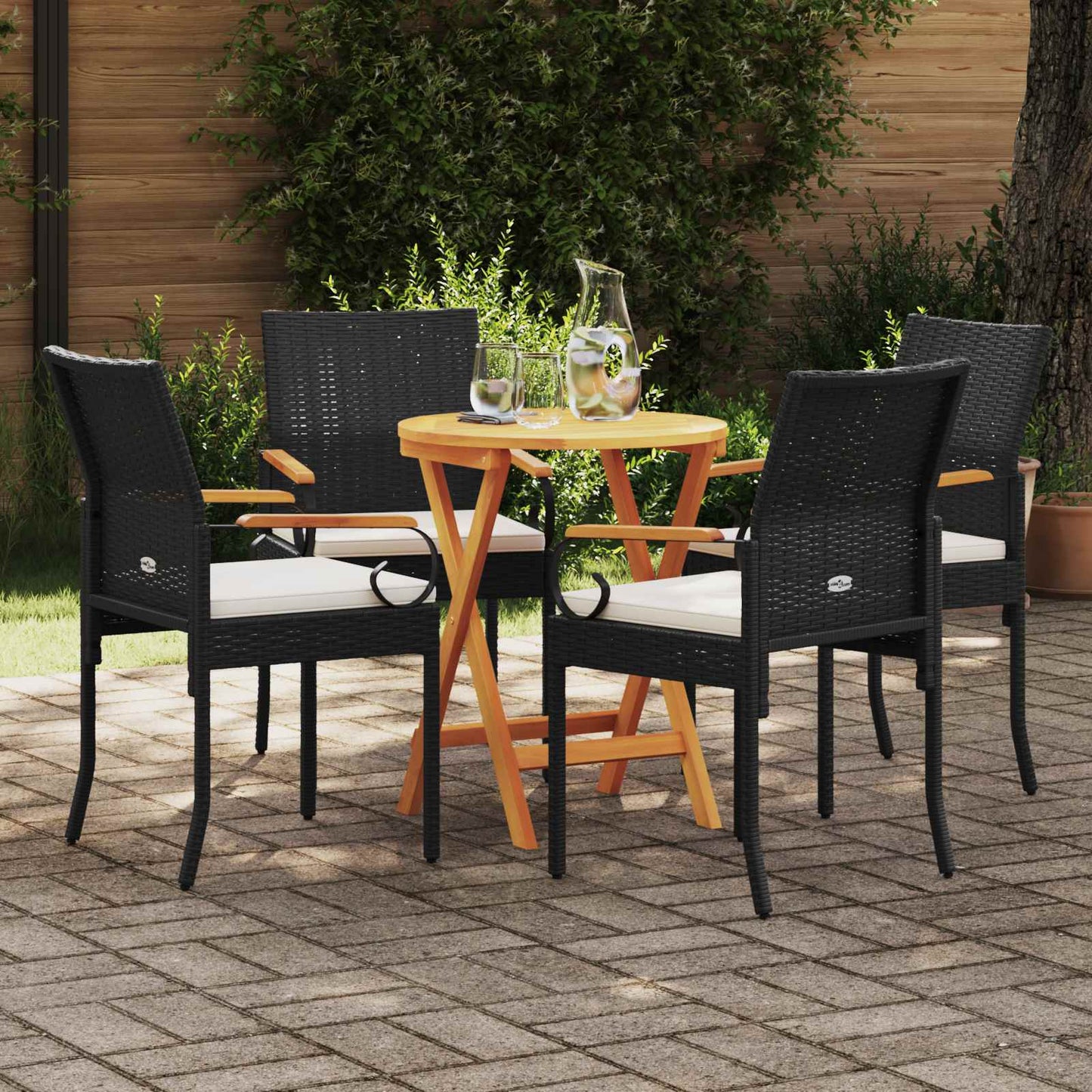 Sedie da giardino 4 pcs Nero e Bianco Crema Polyrattan e acacia | homemem39