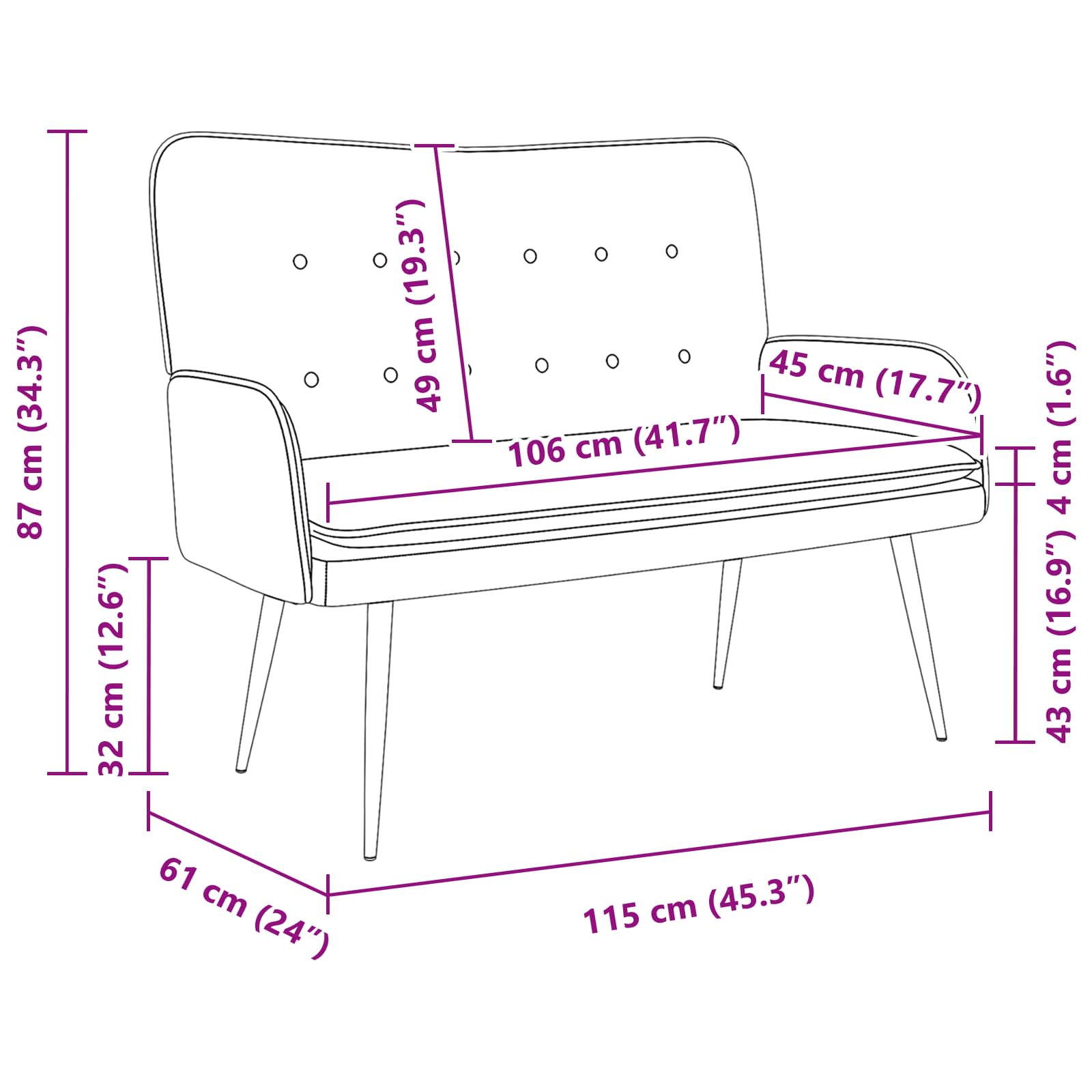 Divano a 2 Posti Bianco 115 x 61 x 87 cm Tessuto | homemem39
