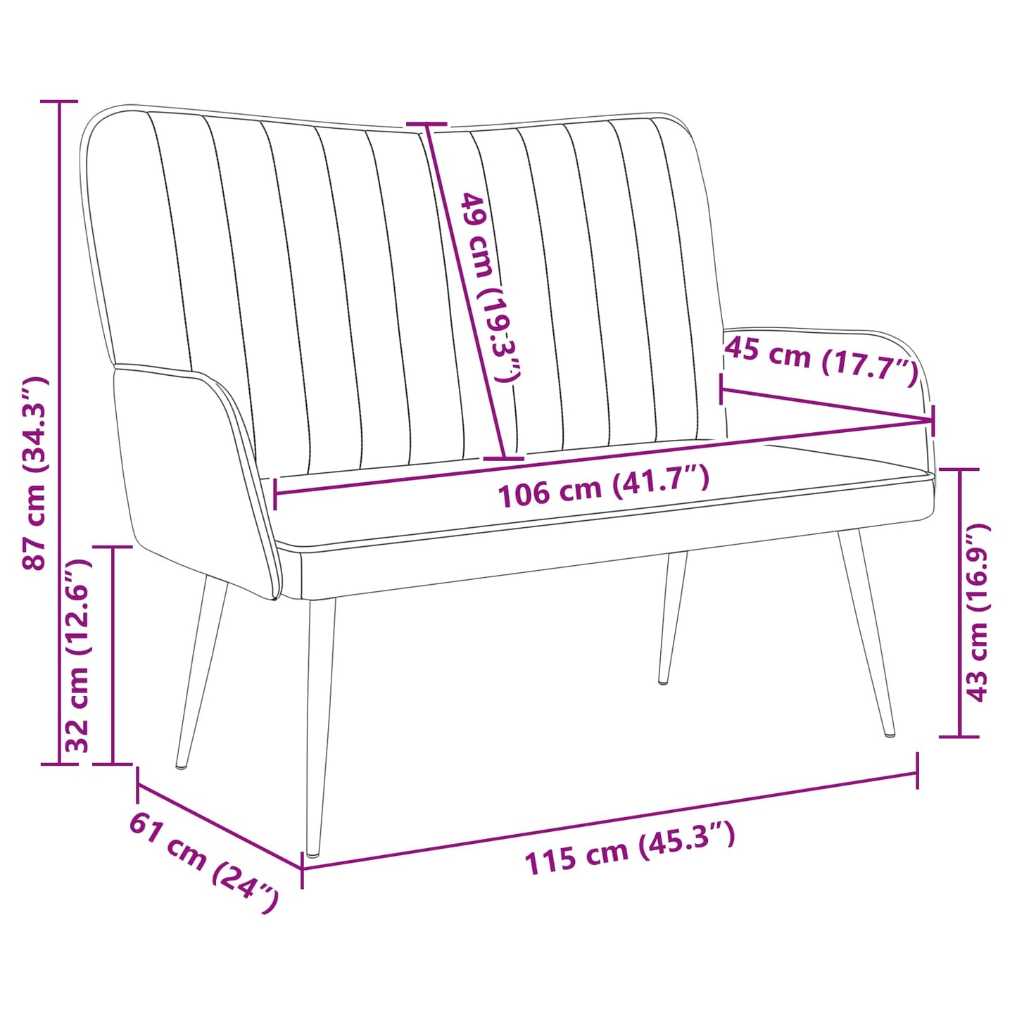 Sofa a Due Posti Nero 115 x 61 x 87 cm Velluto | homemem39