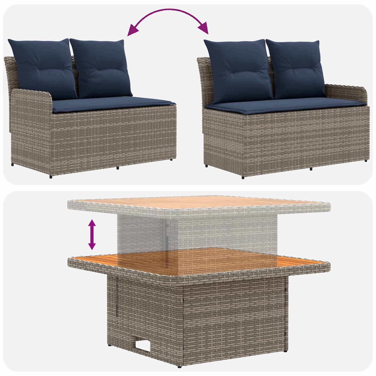 Set di Mobili con cuscino 4 pcs Grigio e Blu Navy Rattan in PE | homemem39