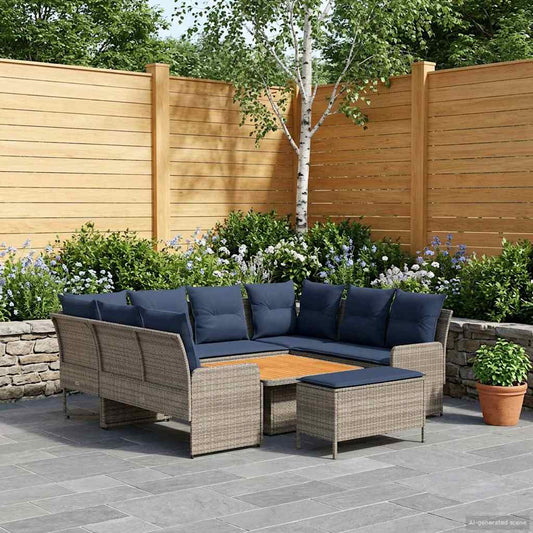 Set di Mobili con cuscino 7 pcs Grigio e Blu Navy Rattan in PE