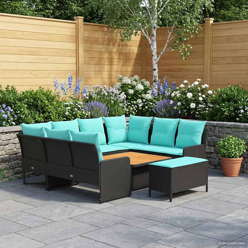 Set di Mobili con cuscino 7 pcs Nero e Turchese Rattan in PE | homemem39