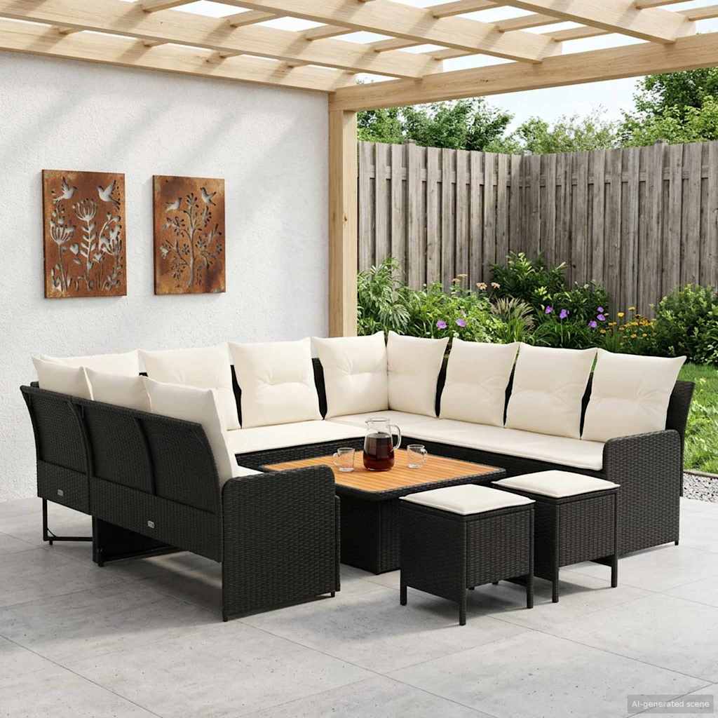 Set di Mobili con cuscino 8 pcs Nero e Crema Rattan in PE | homemem39