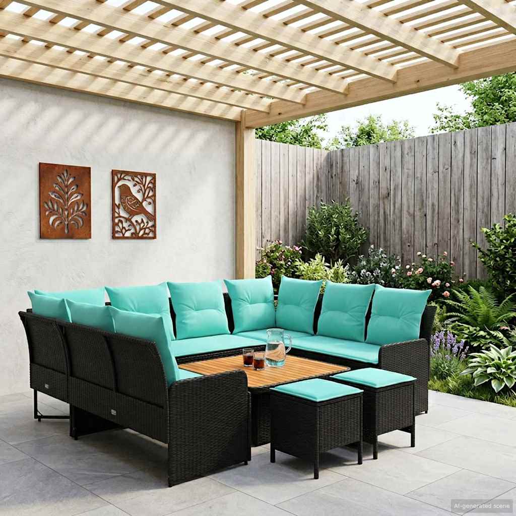 Set di Mobili con cuscino 8 pcs Nero e Turchese Rattan in PE | homemem39