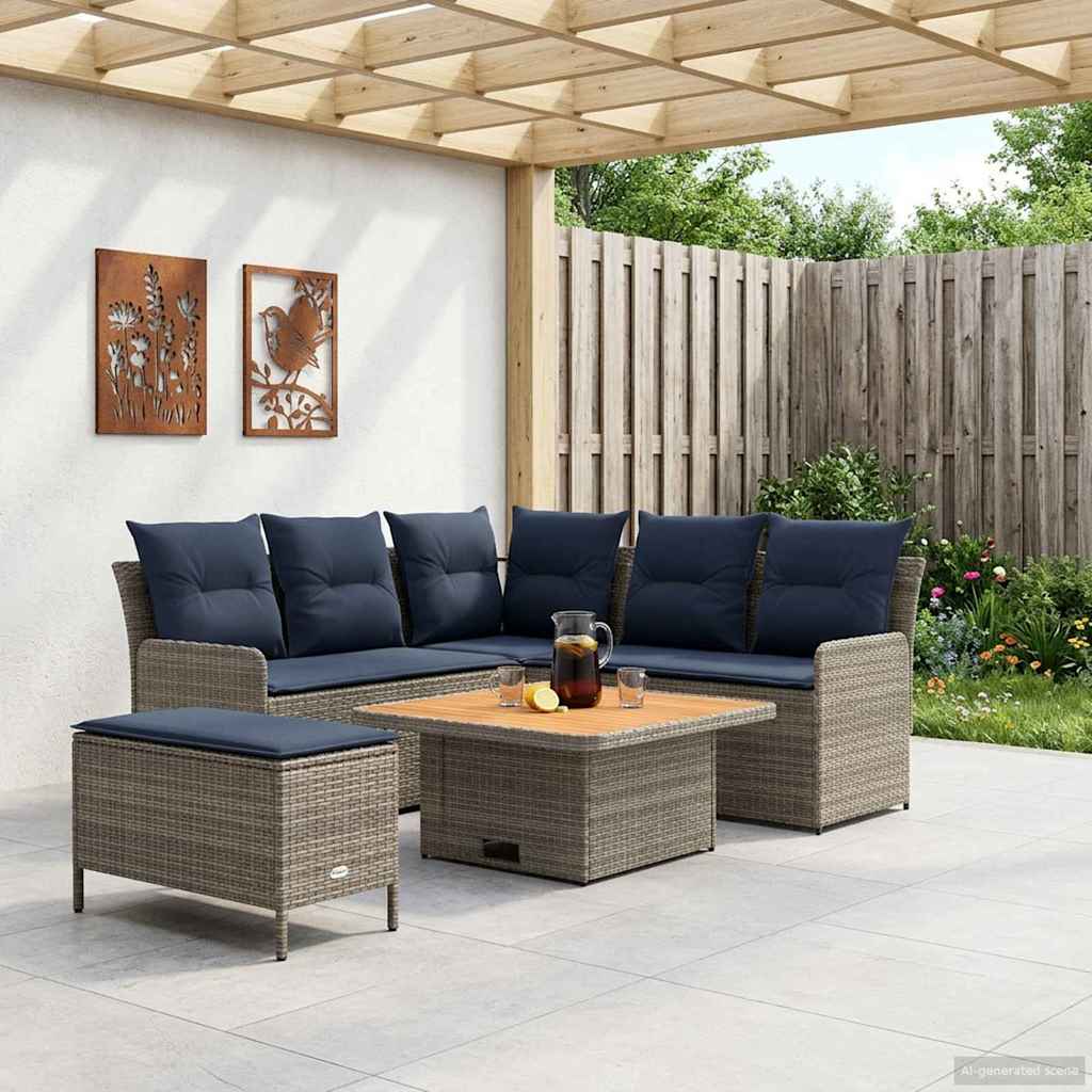 Set di Mobili con cuscino 5 pcs Grigio e Blu Navy Rattan in PE