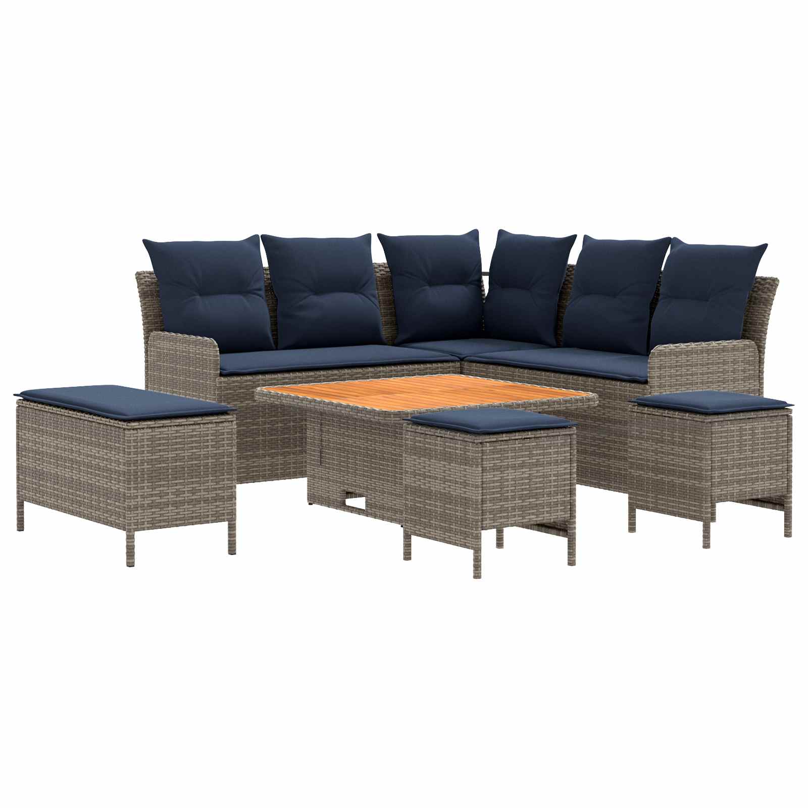Set di Mobili con cuscino 7 pcs Grigio e Blu Navy Rattan in PE | homemem39