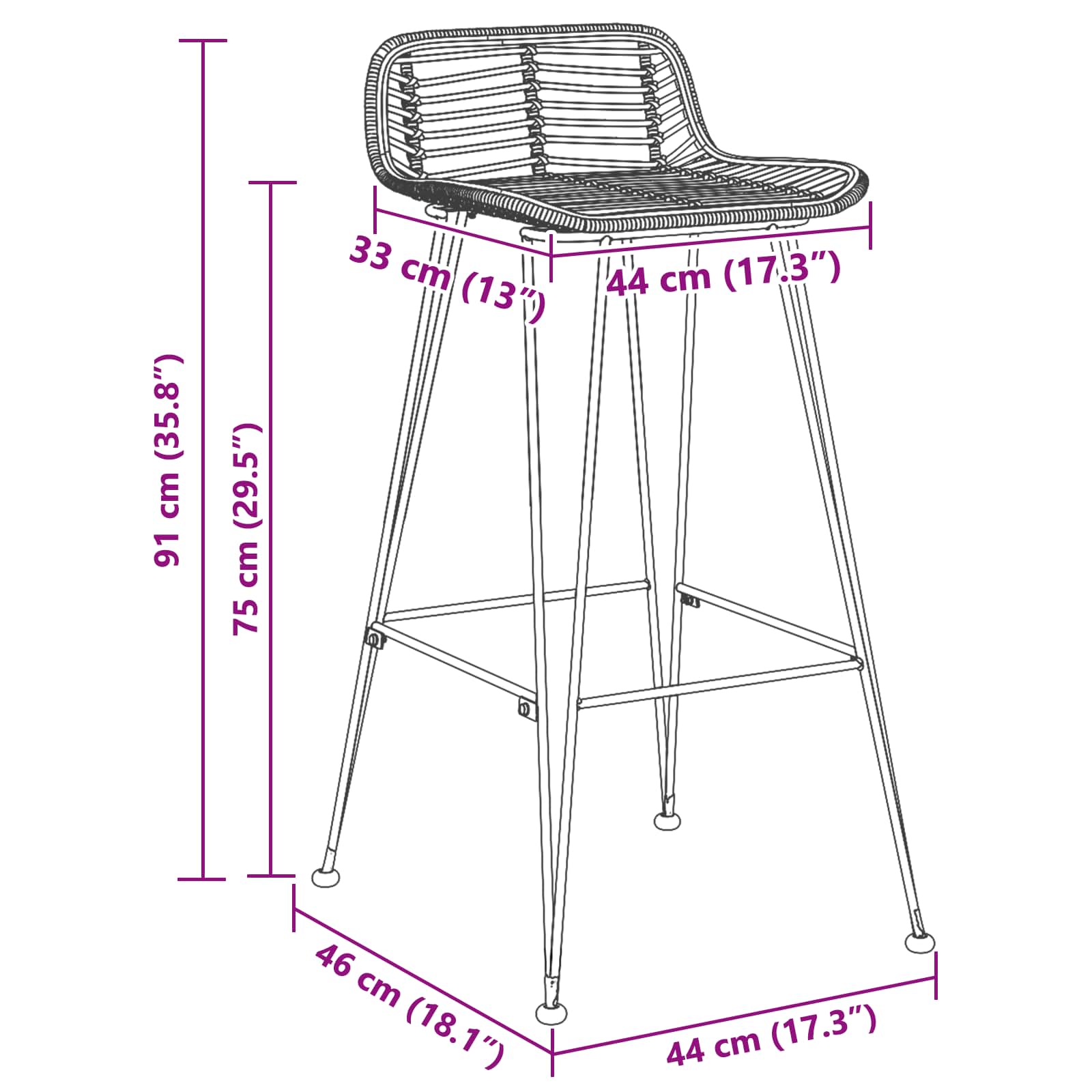 Sedia da Bar 44 x 46 x 91 cm Asta di ferro di diametro 10mm | homemem39