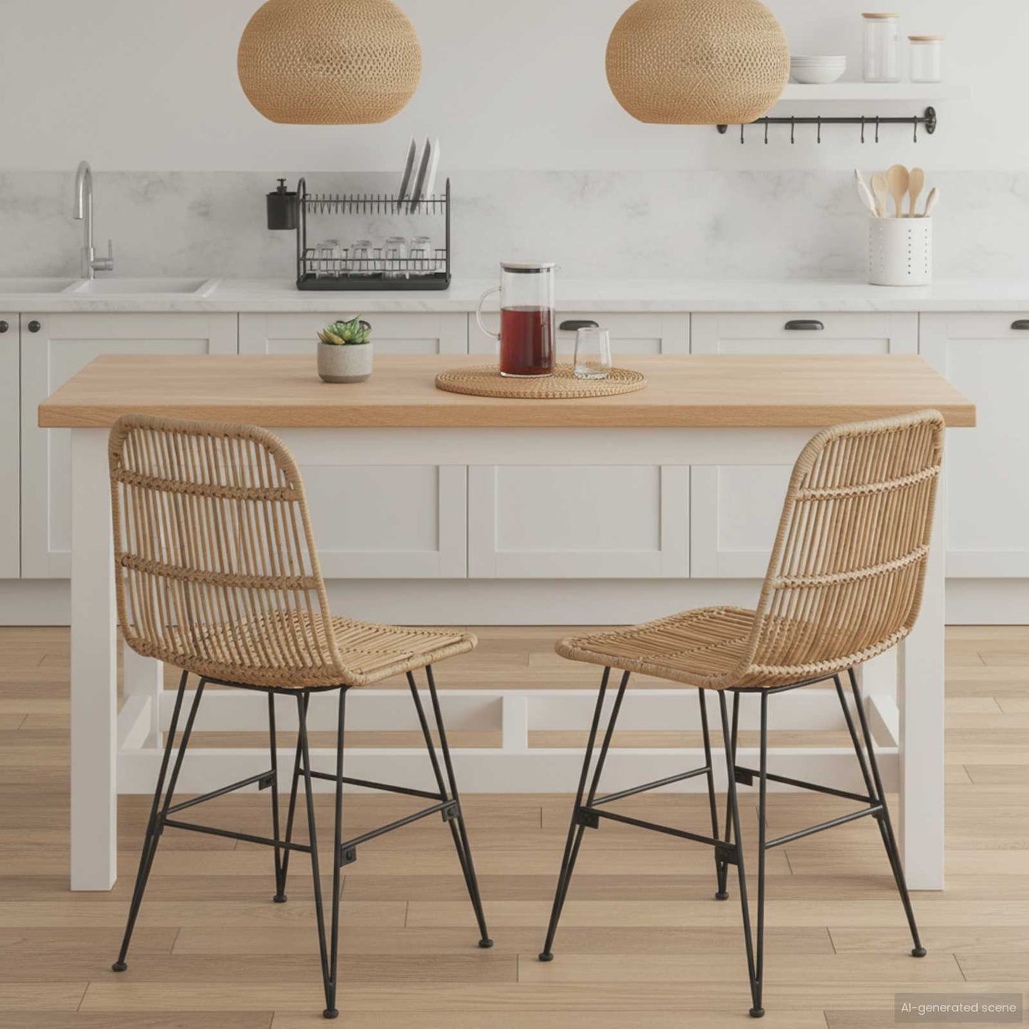 Sedia da pranzo 2 pz Rattan e acciaio Naturale 41 x 55 x 85 cm