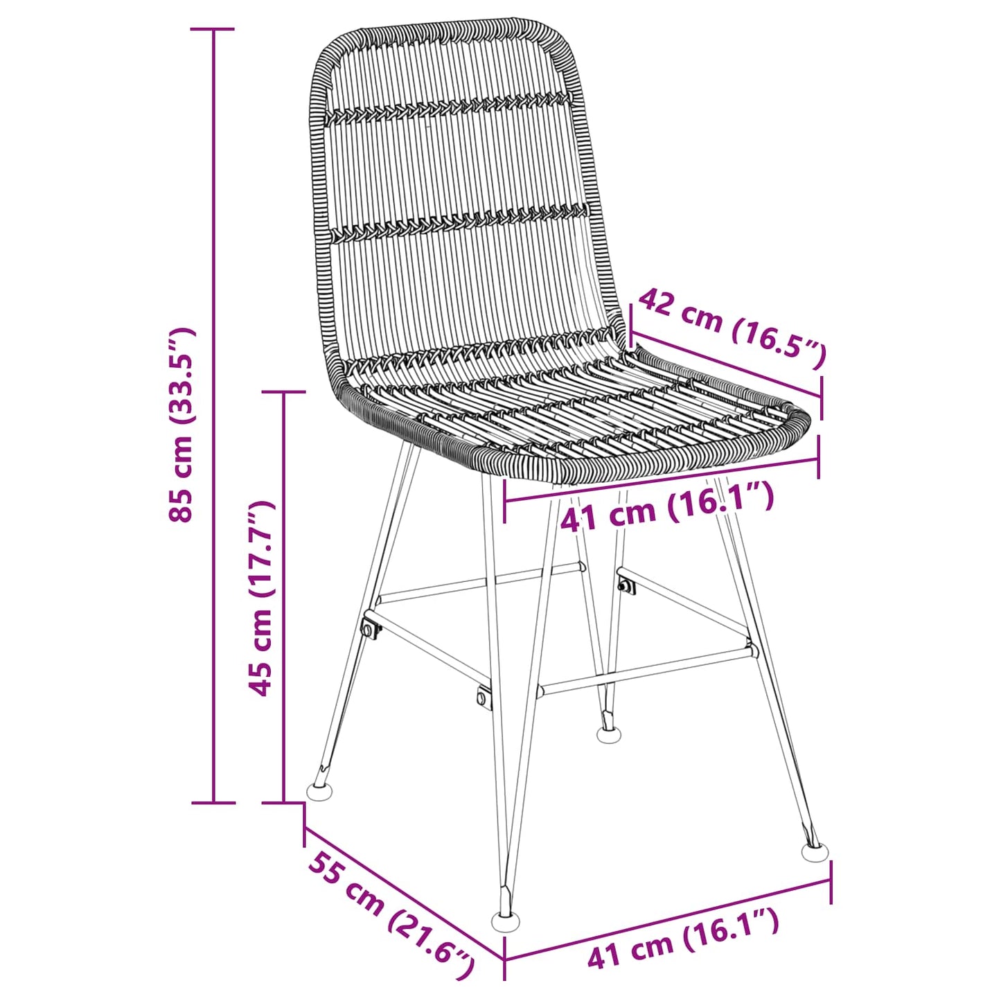 Sedia da pranzo 2 pz Rattan e acciaio Naturale 41 x 55 x 85 cm