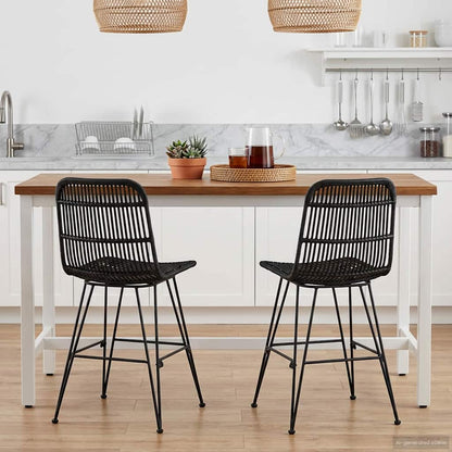 Sedia da pranzo 2 pz Rattan e acciaio Nero 41 x 55 x 85 cm