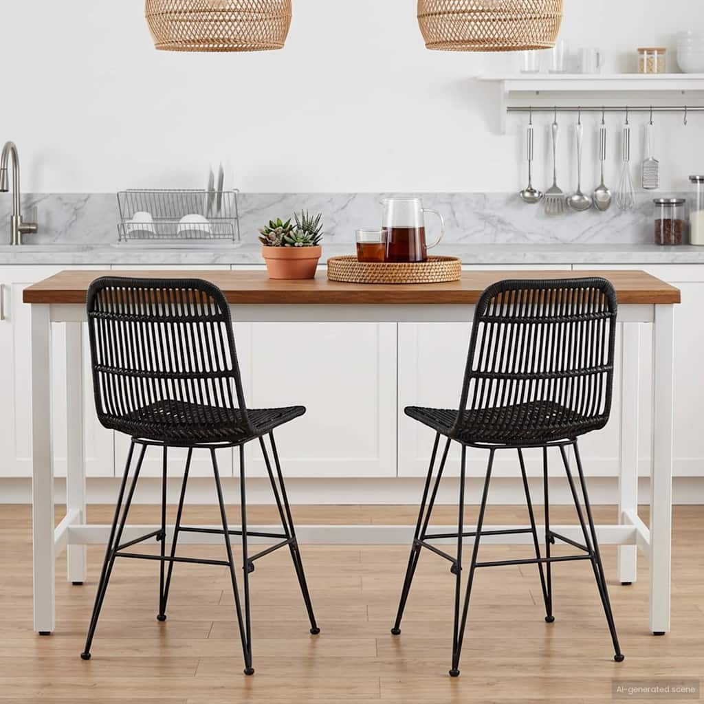 Sedia da pranzo 2 pz Rattan e acciaio Nero 41 x 55 x 85 cm