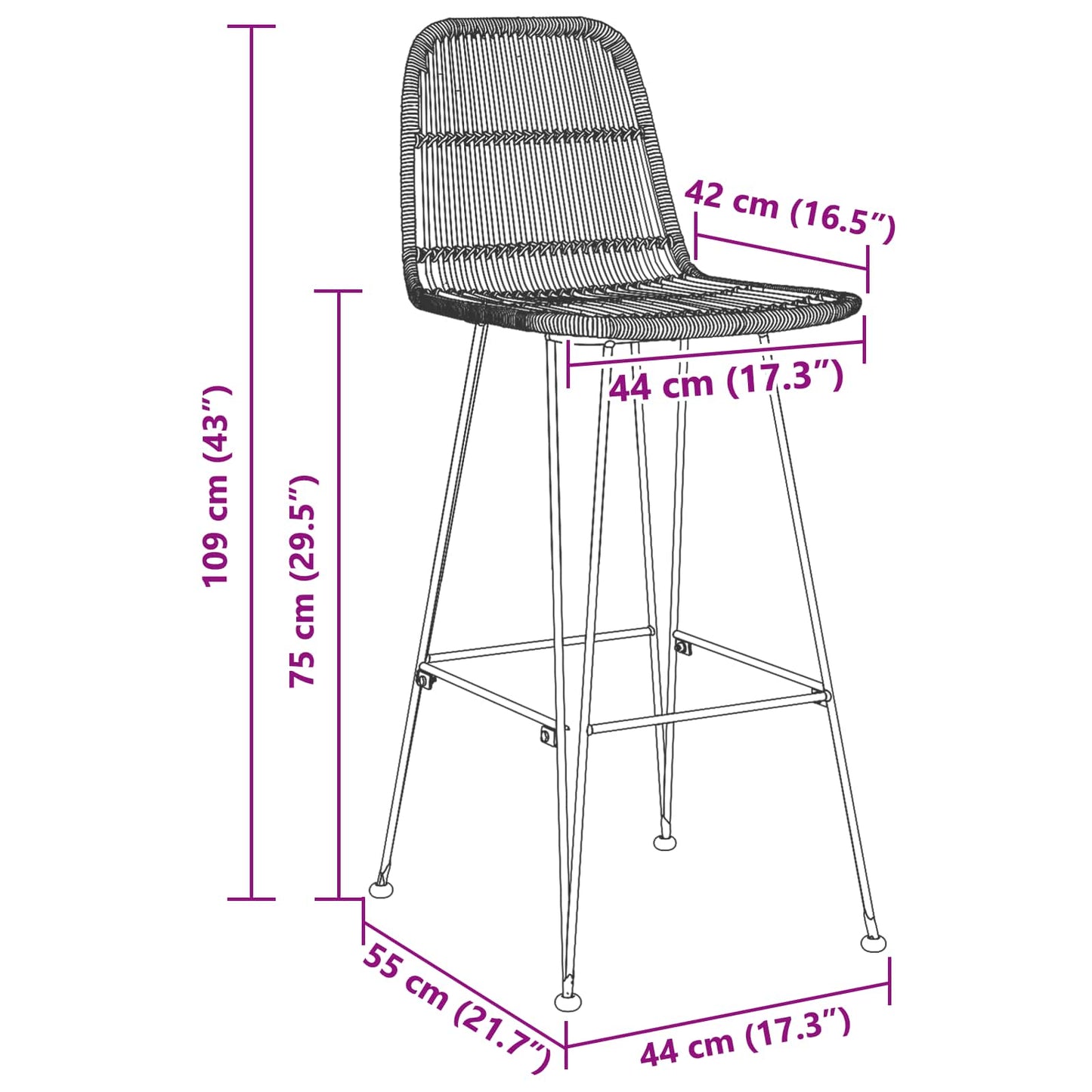 Sgabello da bar 2 pcs Nero 44 x 55 x 109 cm Rattan e acciaio | homemem39