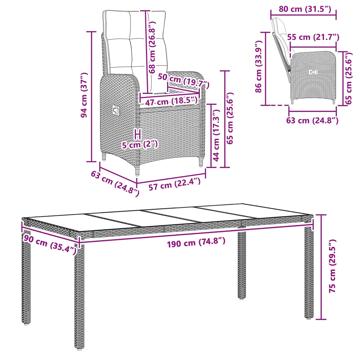 Set da pranzo per esterni 9 pcs Nero 190 x 90 x 75 cm | homemem39