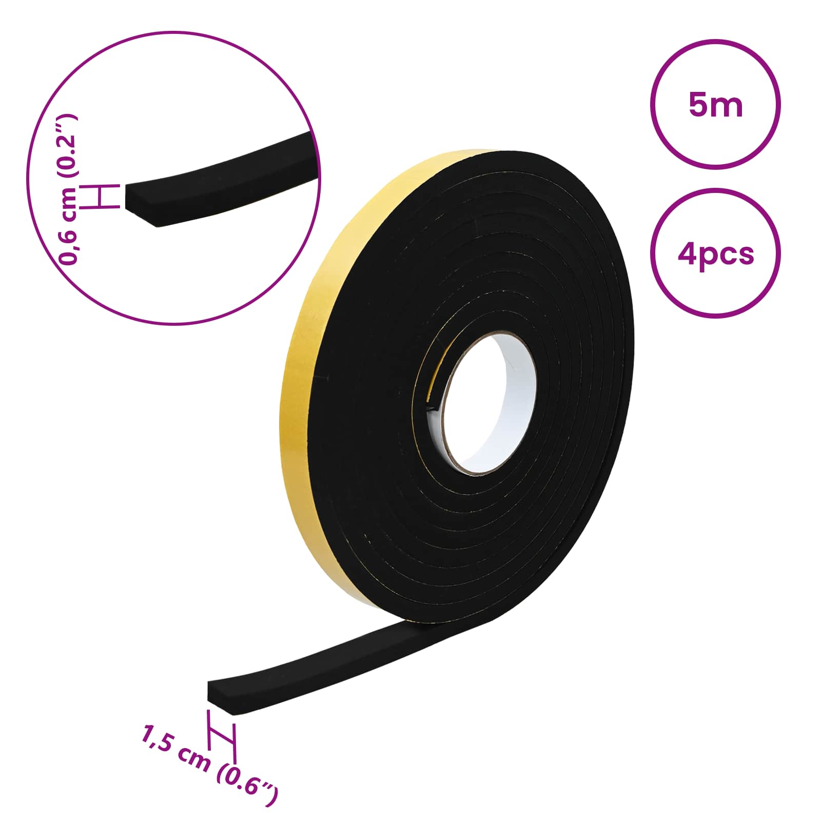 Nastro adesivo in schiuma 4 pcs Nero 15mm x 5m Schiuma CR | homemem39
