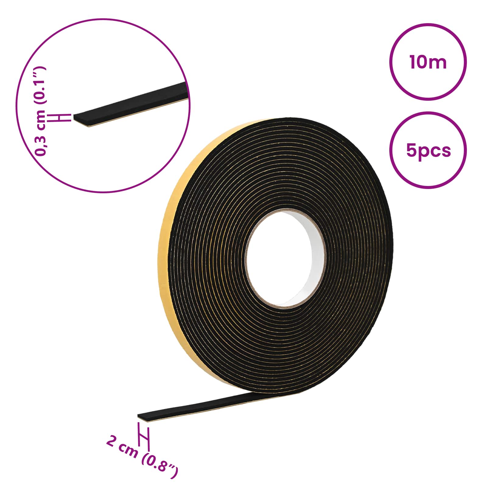 Nastro adesivo in schiuma 5 pcs Nero 20mm x 10m Schiuma CR | homemem39