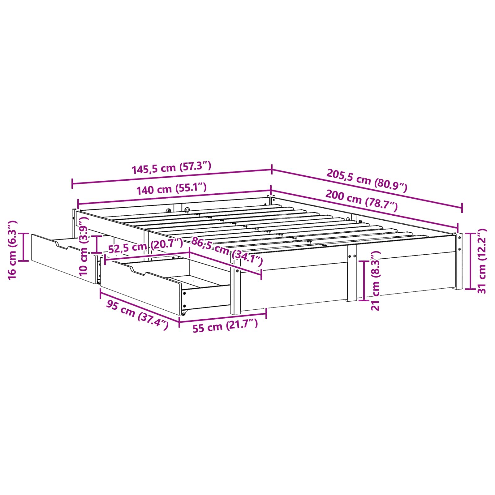 Struttura del letto con cassetto Marrone cerato 140 x 200 cm | homemem39