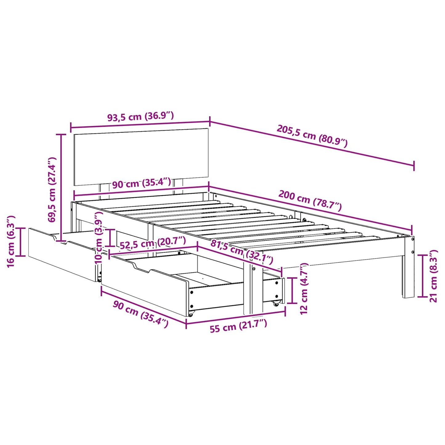 Struttura del letto 3 pcs Marrone cerato Legno di Pino Massello | homemem39