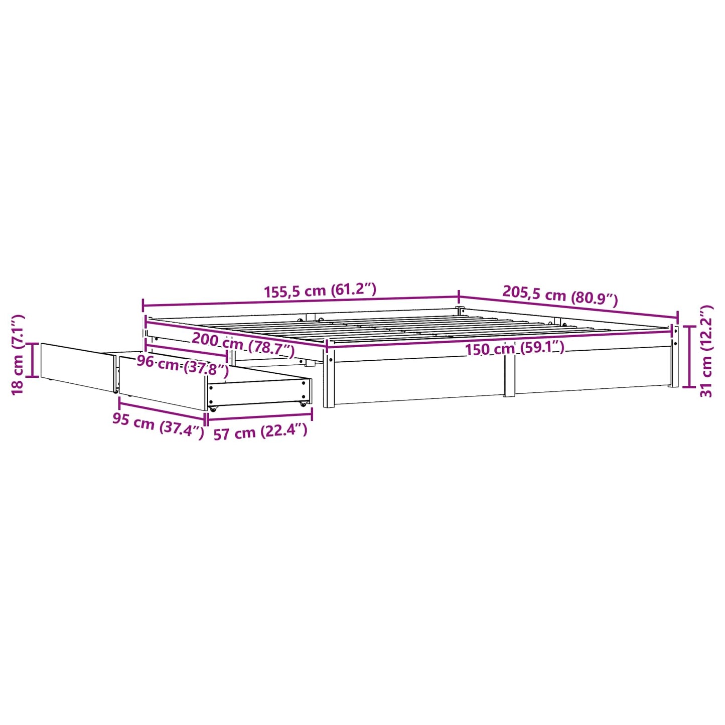 Struttura del letto con cassetto Marrone cerato 150 x 200 cm | homemem39