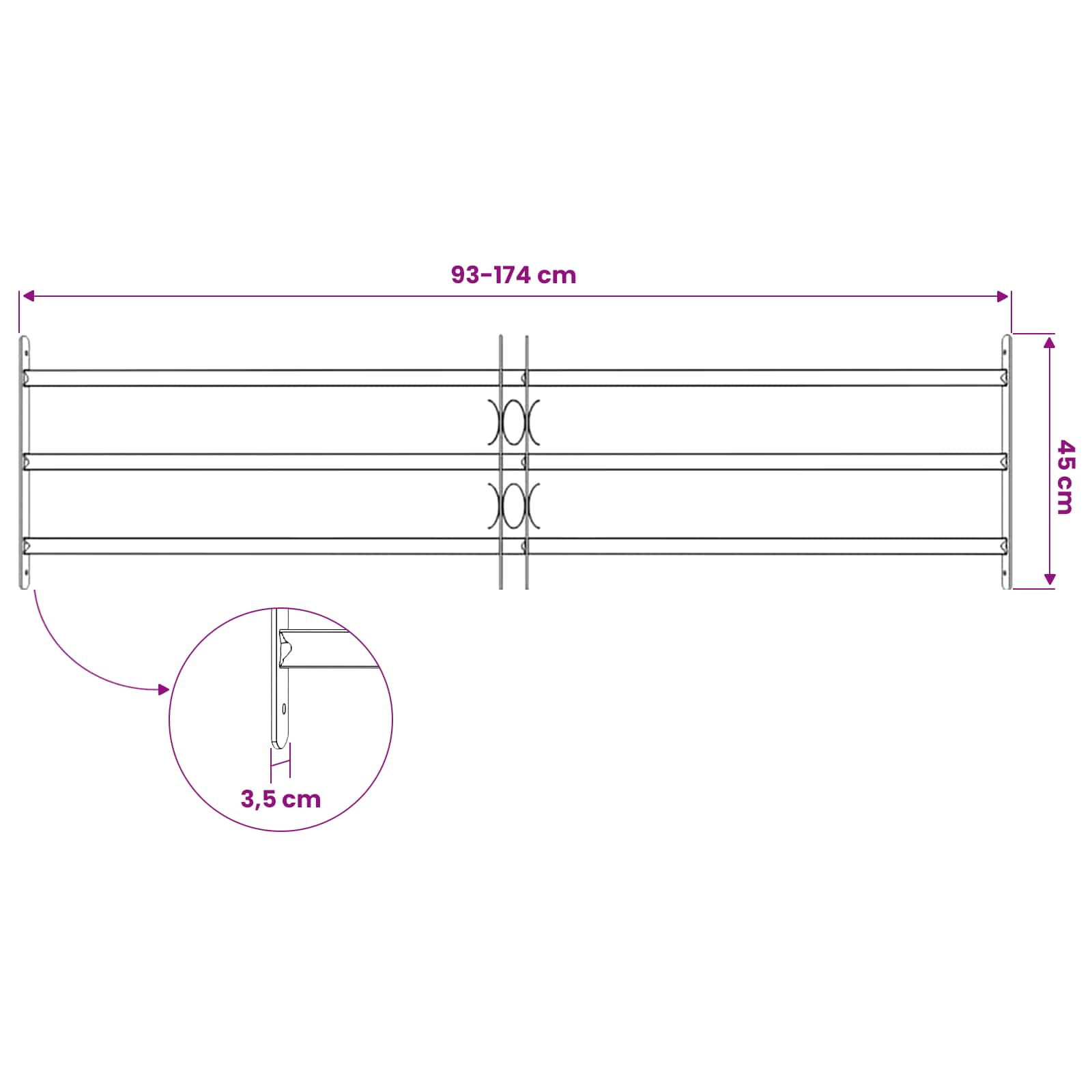 Griglia di Sicurezza per Finestra con 3 Traversine 93-174 cm | homemem39