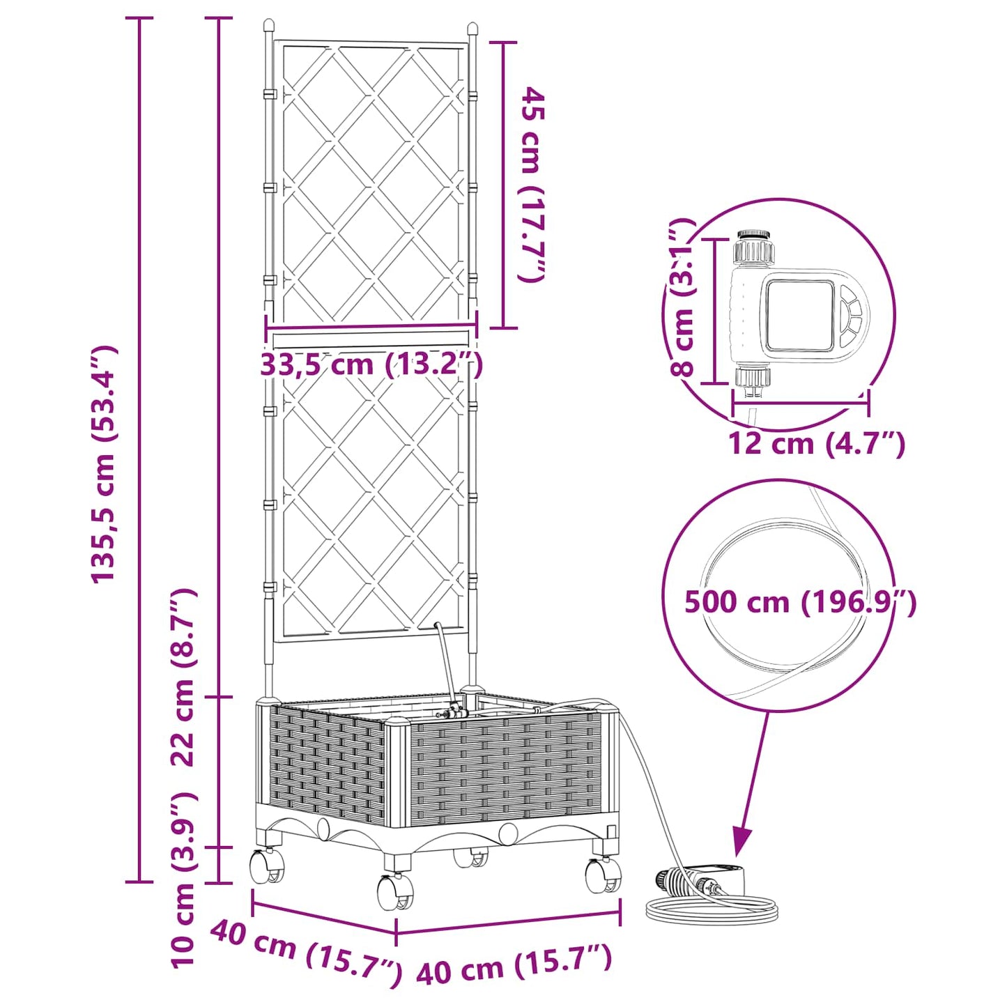 Vaso da Giardino con Irrigazione e Ruote Nero 40 x 40 x 132 cm | homemem39