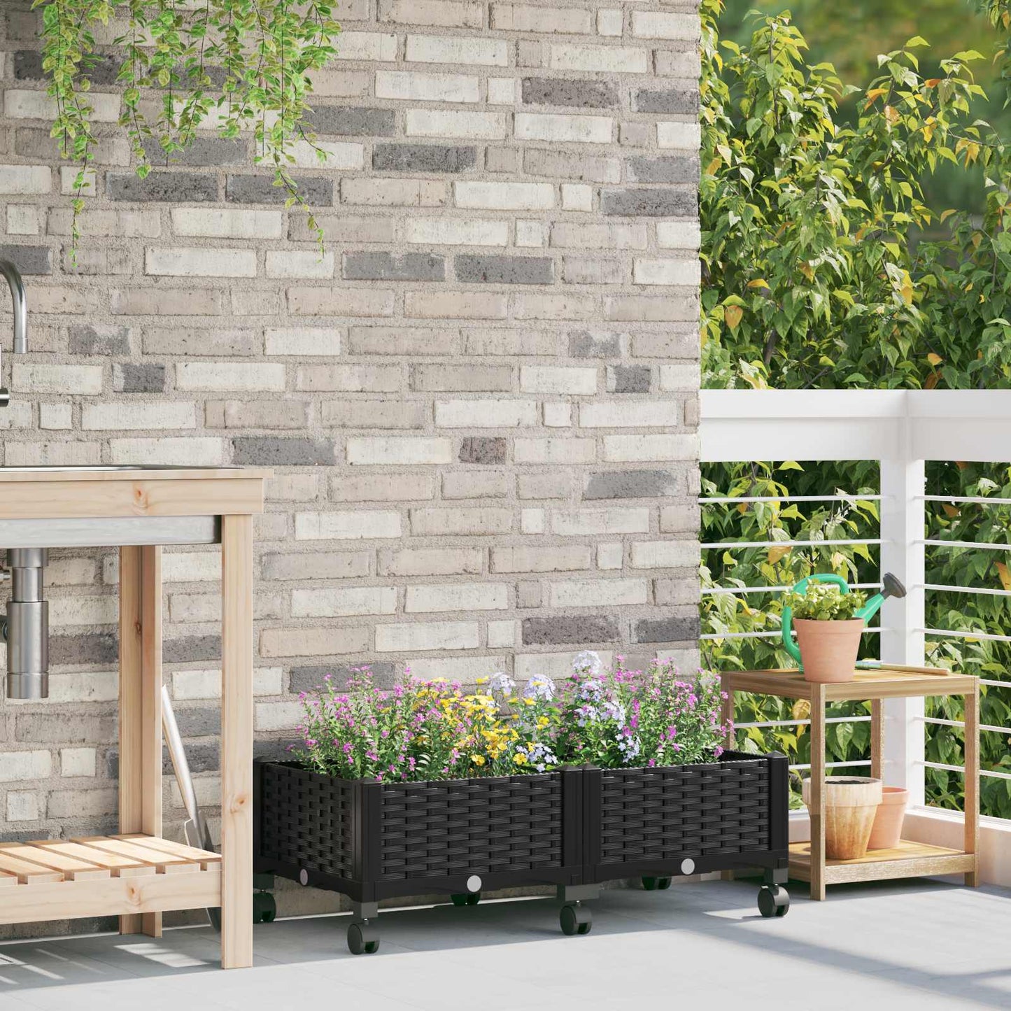Vaso da Giardino con Ruote Nero 80 x 40 x 29 cm PP | homemem39