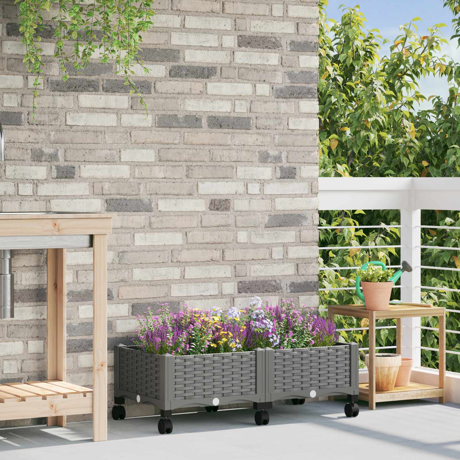 Vaso da Giardino con Ruote Grigio Chiaro 80 x 40 x 33 cm PP | homemem39