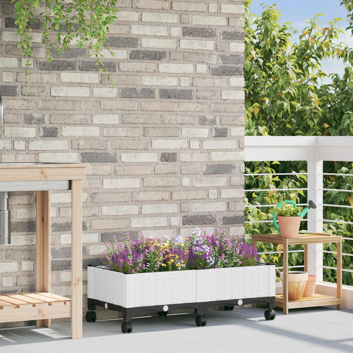 Vaso da Giardino con Ruote Bianco 80 x 40 x 33 cm PP | homemem39