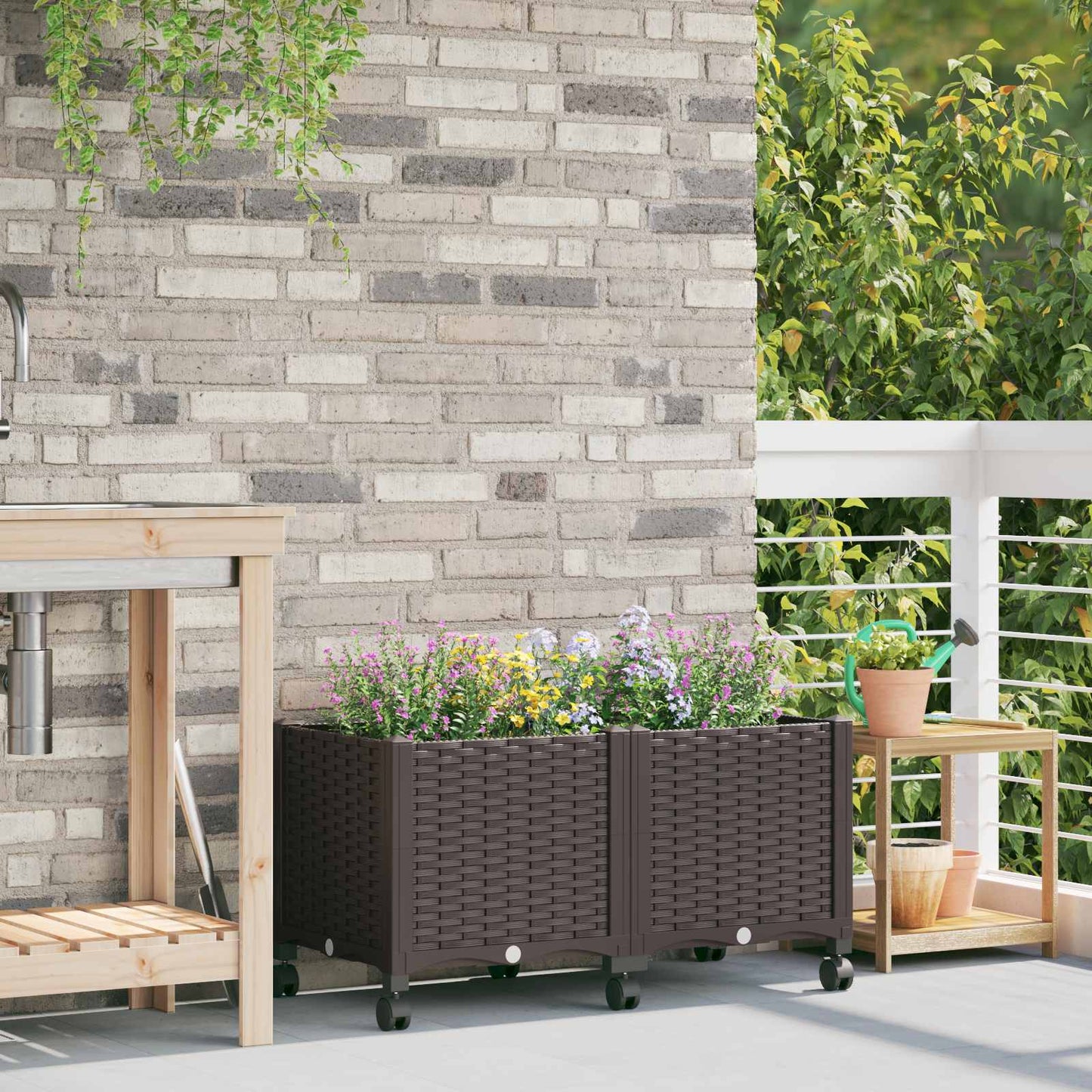 Vaso da Giardino con Ruote Marrone 80 x 40 x 44 cm PP | homemem39