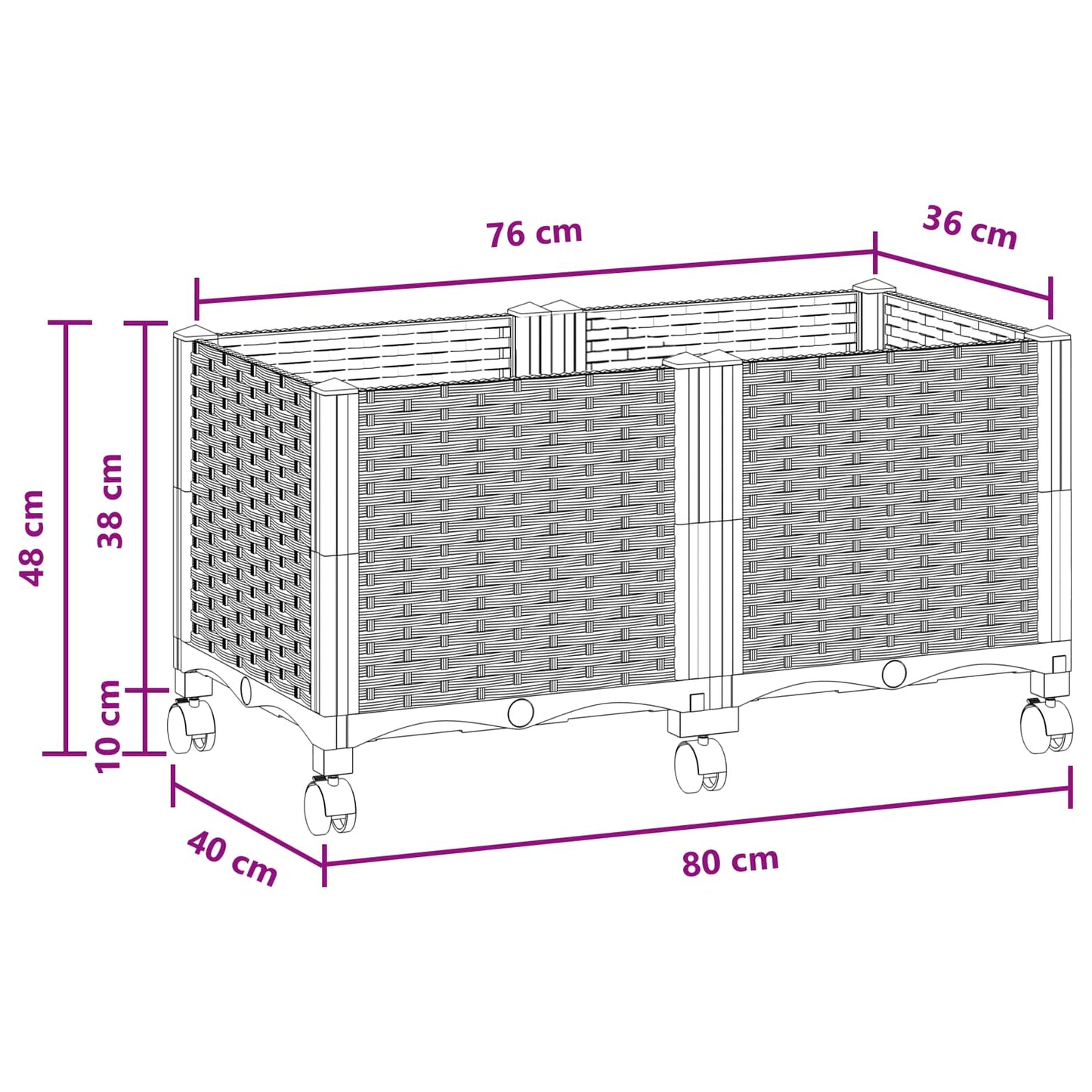 Vaso da Giardino con Ruote Nero 80 x 40 x 44 cm PP | homemem39