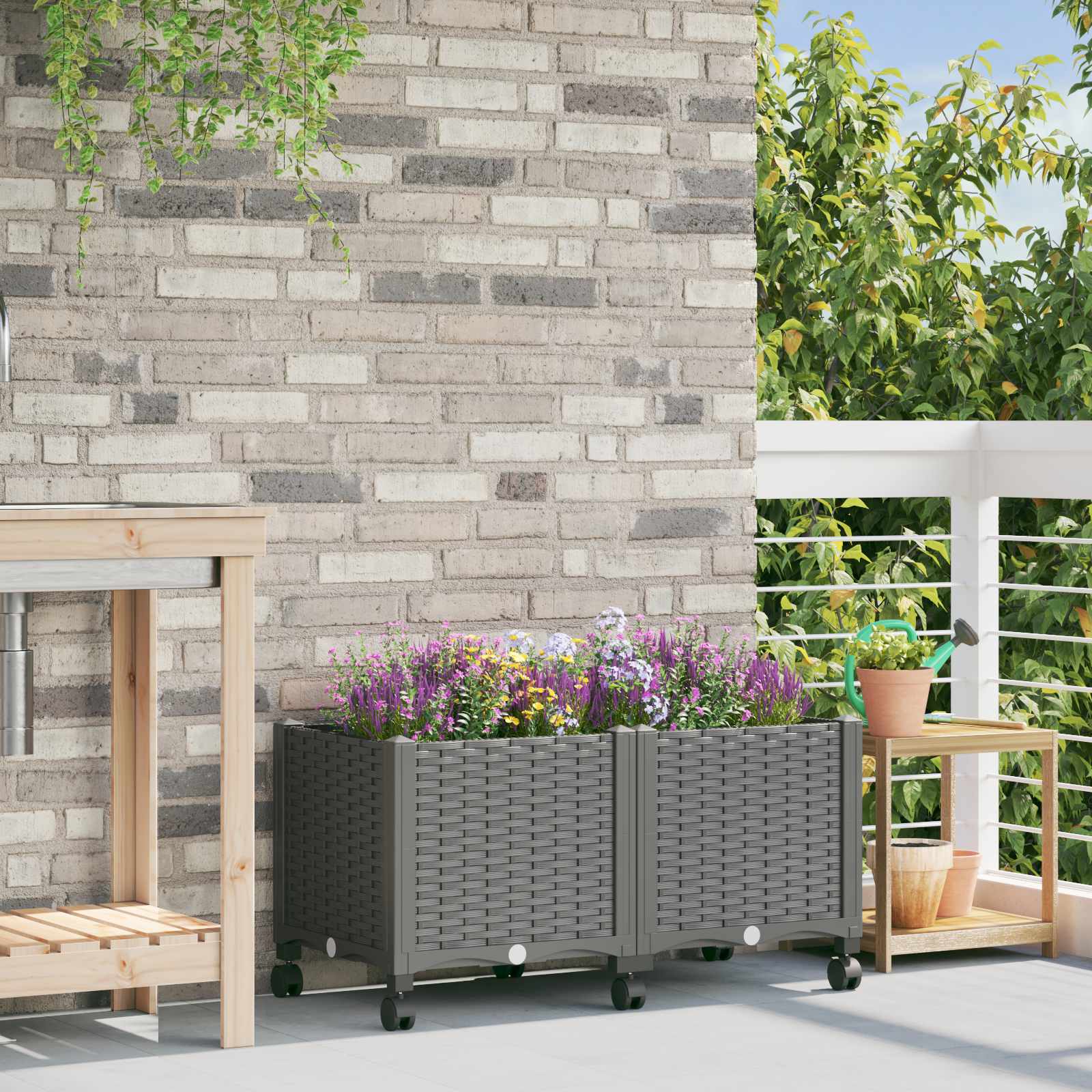 Vaso da Giardino con Ruote Grigio Chiaro 80 x 40 x 48 cm PP | homemem39