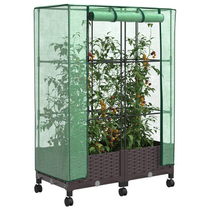 Vaso da Giardino con Copertura per Serra e Ruote 2 pz Marrone | homemem39