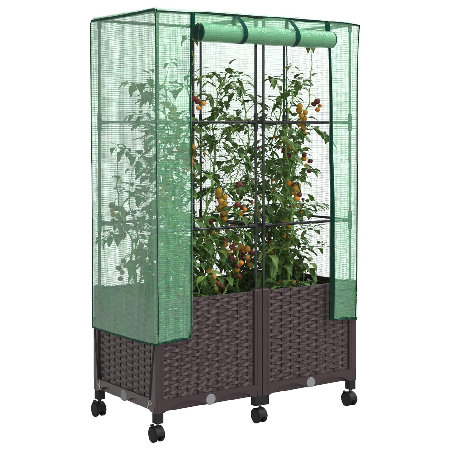 Vaso da Giardino con Copertura per Serra e Ruote 2 pz Marrone | homemem39