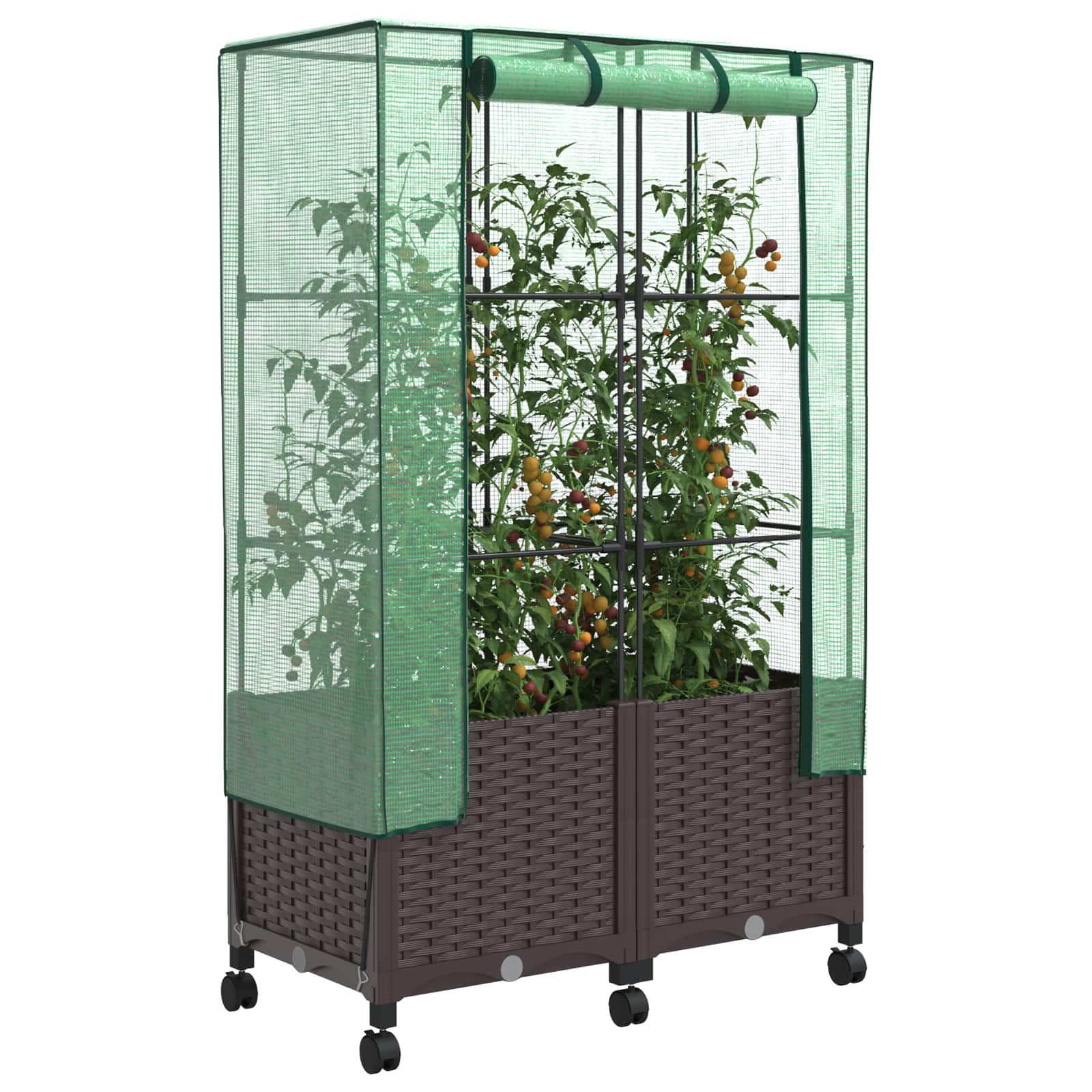 Vaso da Giardino con Copertura per Serra e Ruote 2 pz Marrone | homemem39