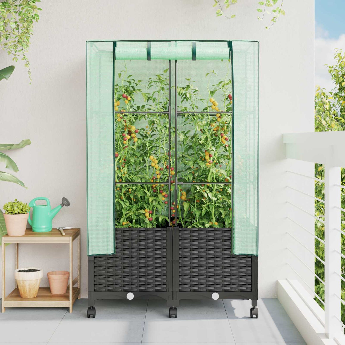 Vaso da Giardino con Copertura per Serra e Ruote 2 pz Nero PP | homemem39