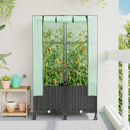 Vaso da Giardino con Copertura per Serra e Ruote 2 pz Nero PP | homemem39